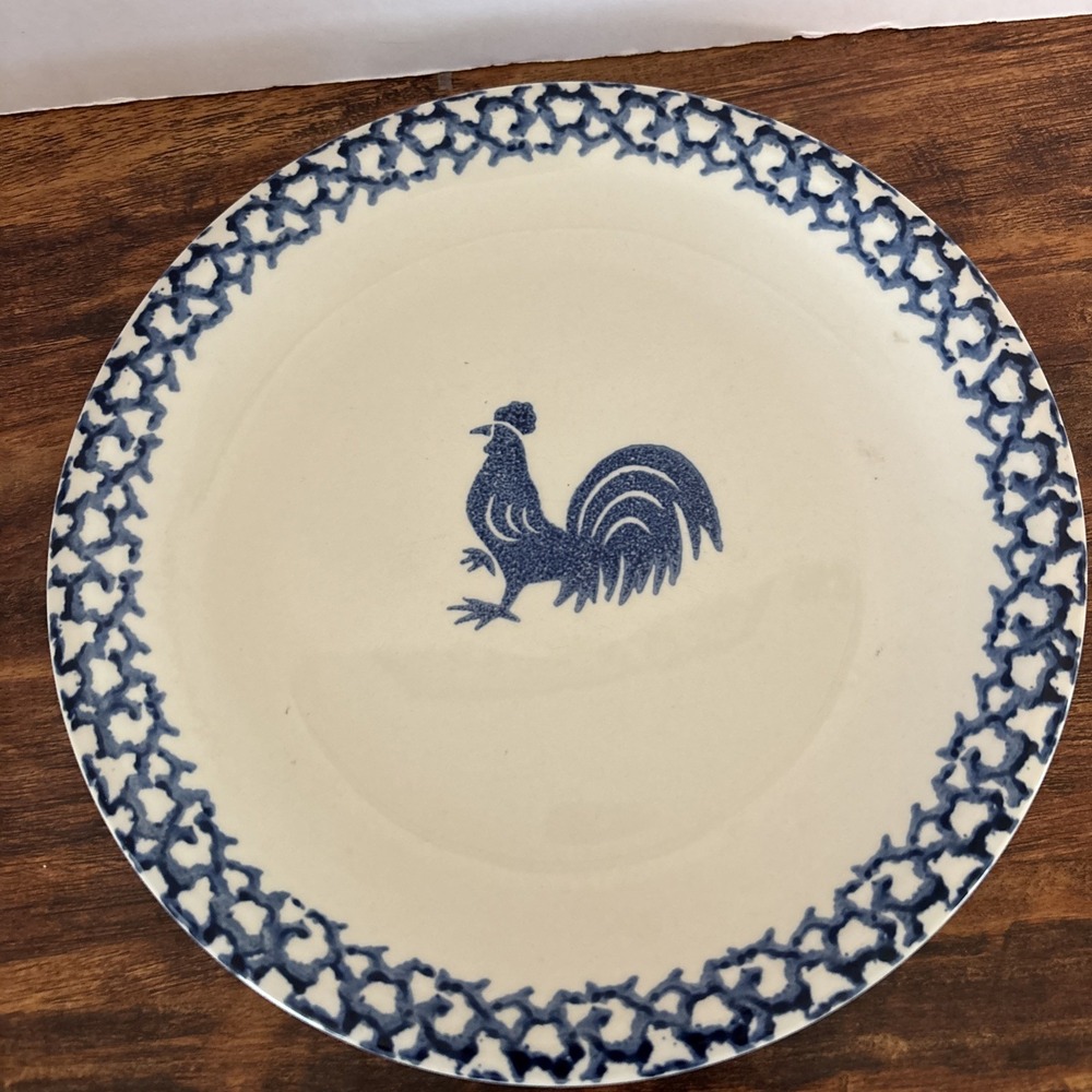 Rooster Folk Craft Tienshan Spongeware Blue and White Dinner‎ Plate 10.5"